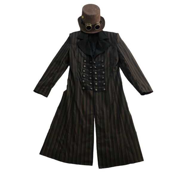 Spirit Halloween Steampunk Trench Coat Size M &Top Hat With Goggles Cosplay Goth - Picture 11 of 12